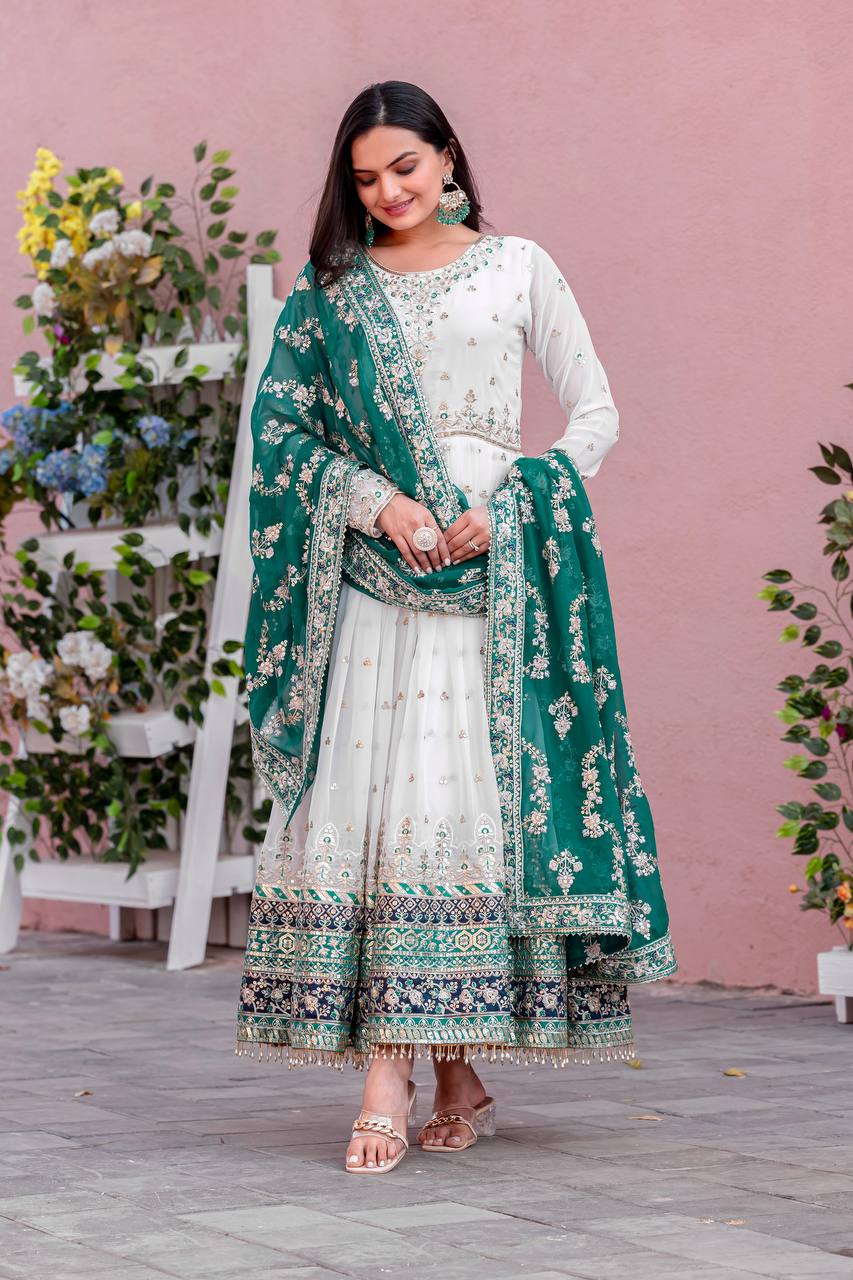 Teeya Creation White Colour Faux Georgette Heavy Embroidery Work Fully Stitched Gown | Grocsy