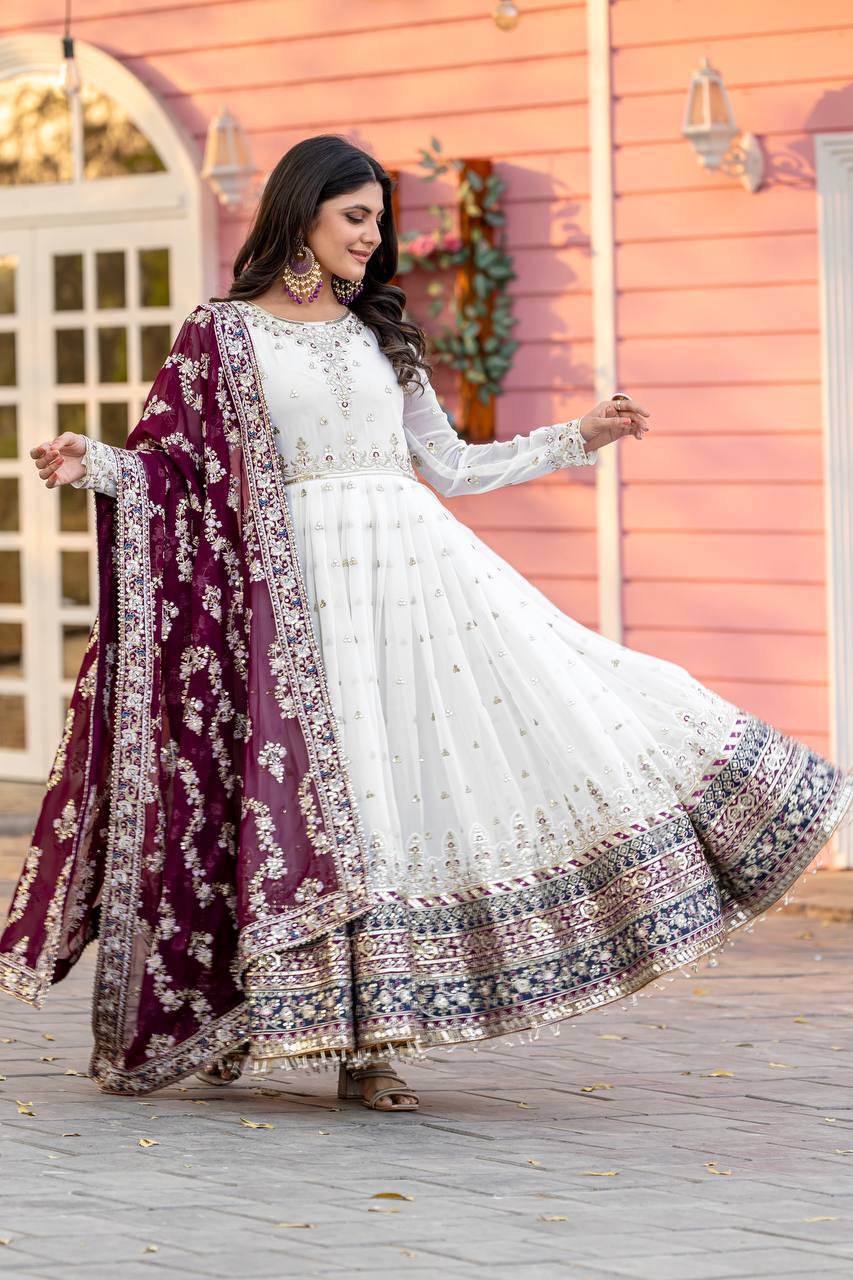 Teeya Creation White Colour Faux Georgette Heavy Embroidery Work Fully Stitched Gown | Grocsy