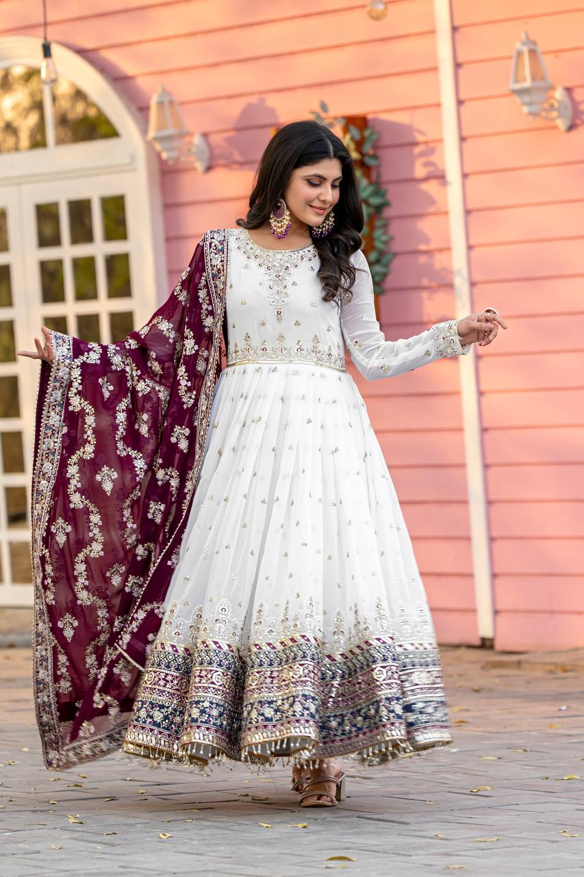 Teeya Creation White Colour Faux Georgette Heavy Embroidery Work Fully Stitched Gown | Grocsy