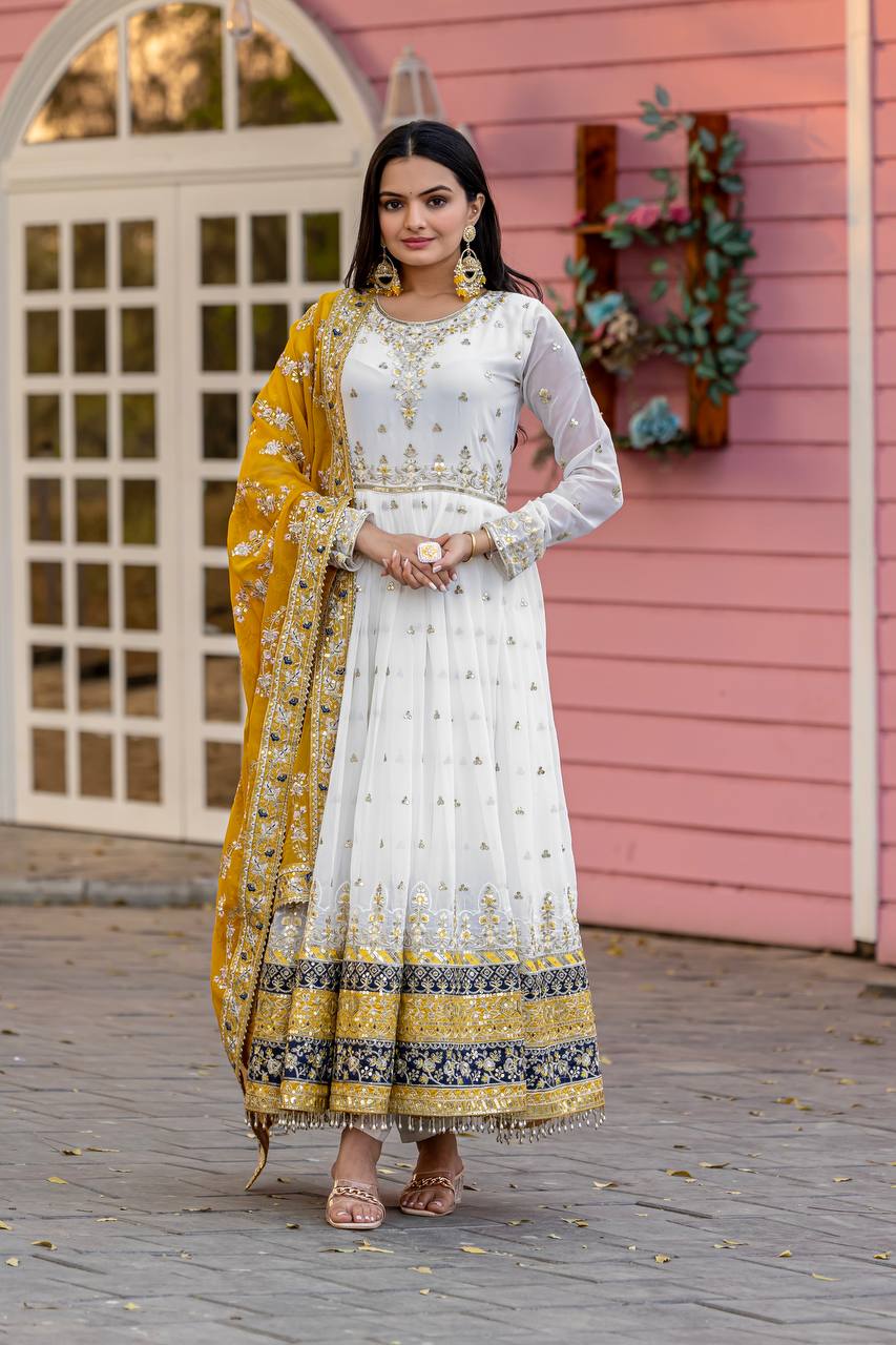 Teeya Creation White Colour Faux Georgette Heavy Embroidery Work Fully Stitched Gown | Grocsy