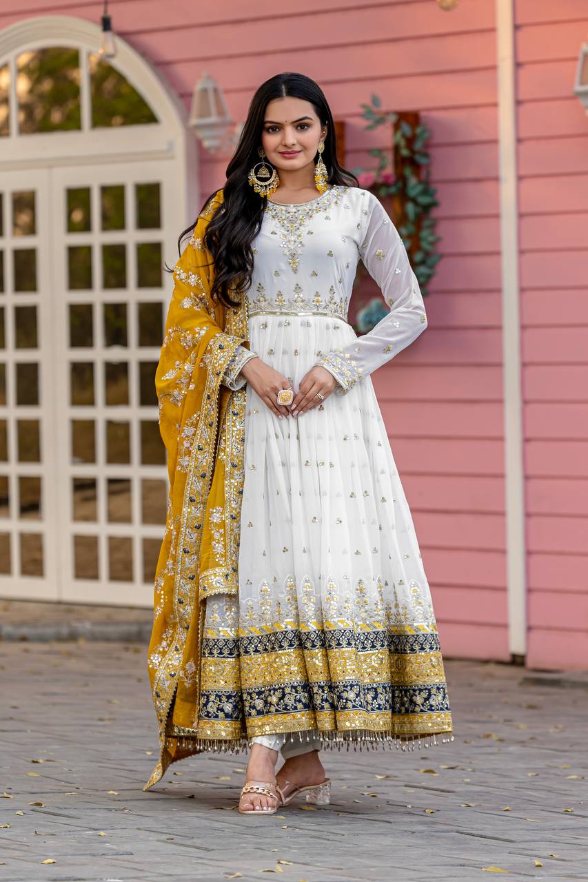 Teeya Creation White Colour Faux Georgette Heavy Embroidery Work Fully Stitched Gown | Grocsy