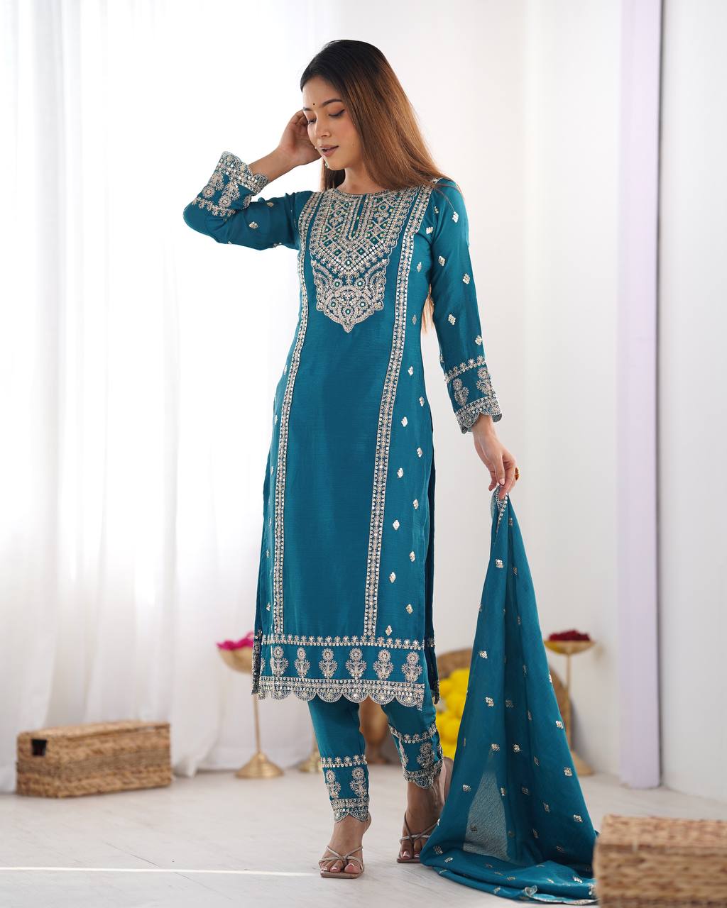 Teeya Creation Teal Colour Chinon Silk Heavy Embroidery Work Fully Stitched Salwar Suit | Grocsy