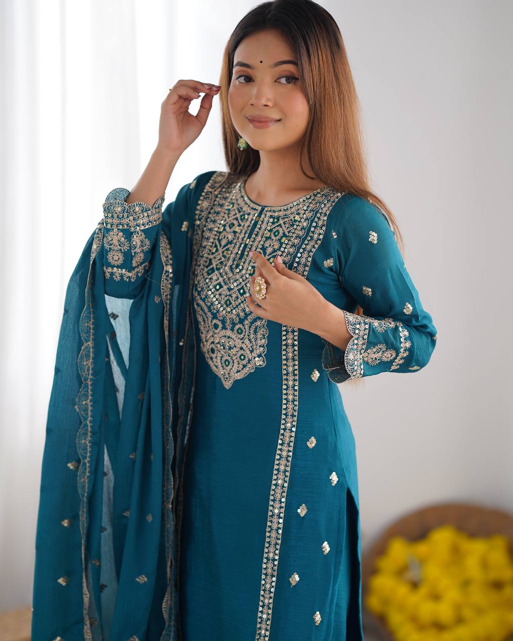 Teeya Creation Teal Colour Chinon Silk Heavy Embroidery Work Fully Stitched Salwar Suit | Grocsy