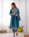 Teeya Creation Teal Colour Chinon Silk Heavy Embroidery Work Fully Stitched Salwar Suit | Grocsy