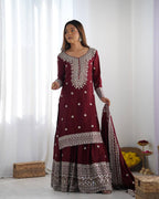 Teeya Creation Maroon Colour Chinon Silk Heavy Embroidery Work Fully Stitched Salwar Suit | Grocsy