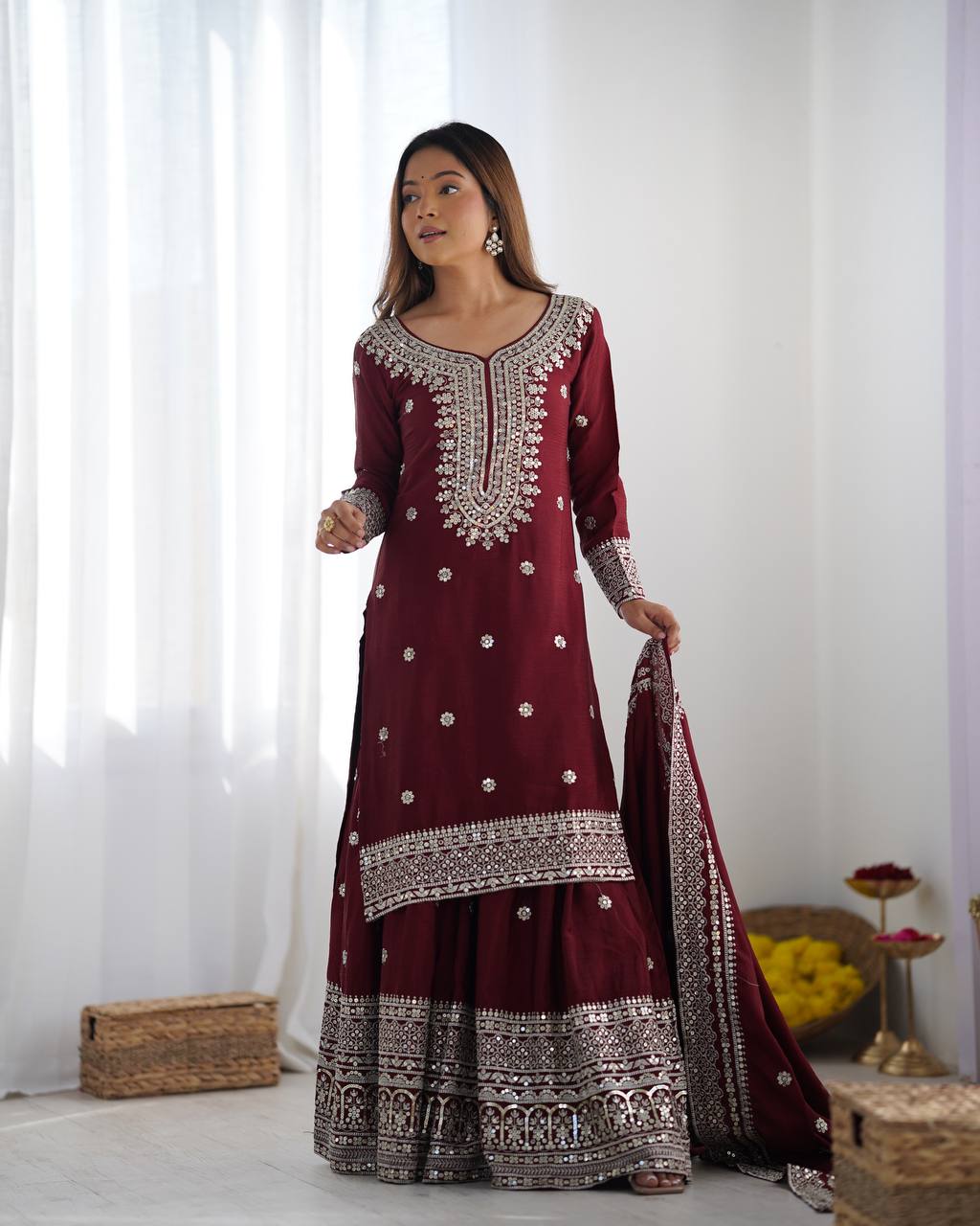 Teeya Creation Maroon Colour Chinon Silk Heavy Embroidery Work Fully Stitched Salwar Suit | Grocsy