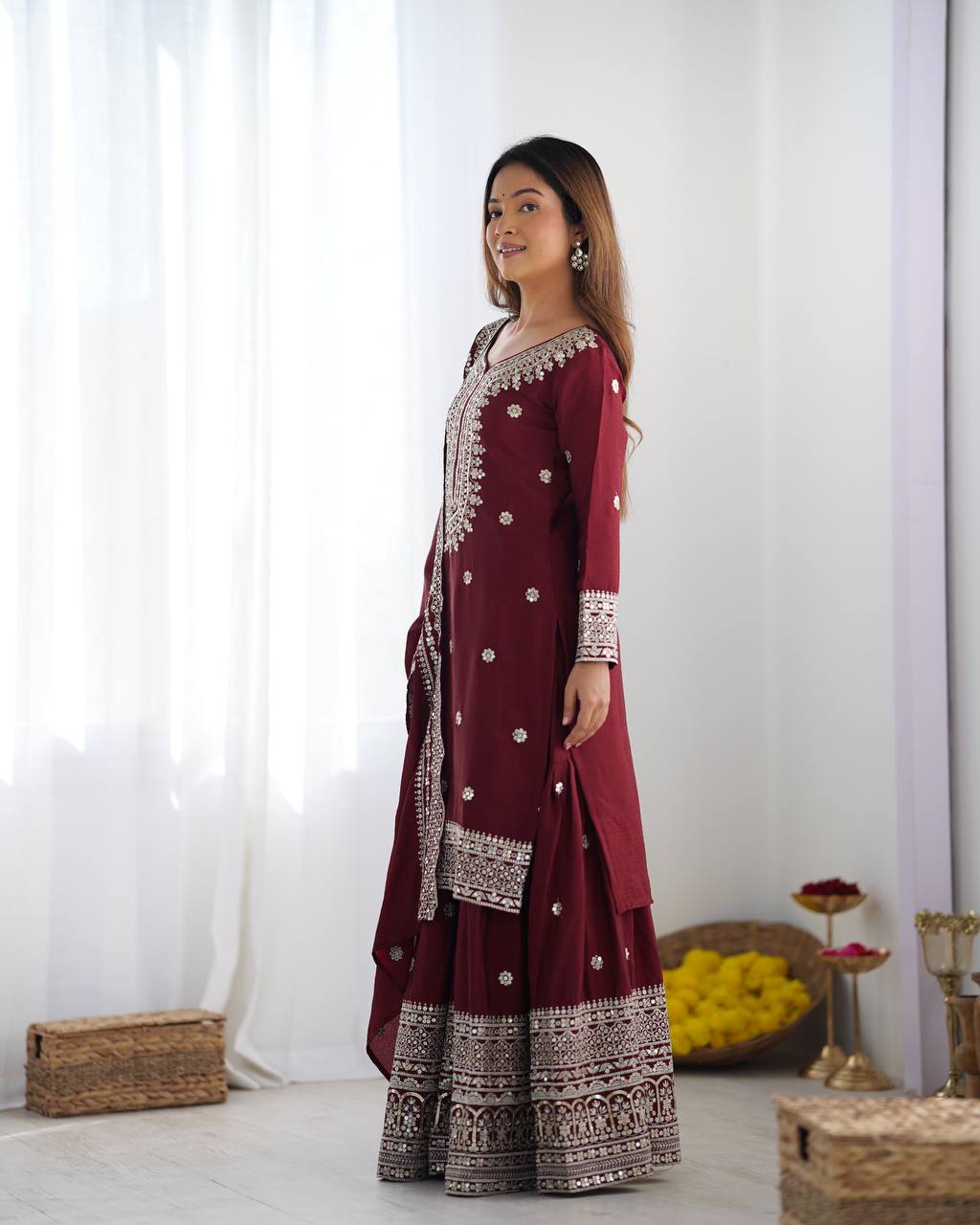 Teeya Creation Maroon Colour Chinon Silk Heavy Embroidery Work Fully Stitched Salwar Suit | Grocsy