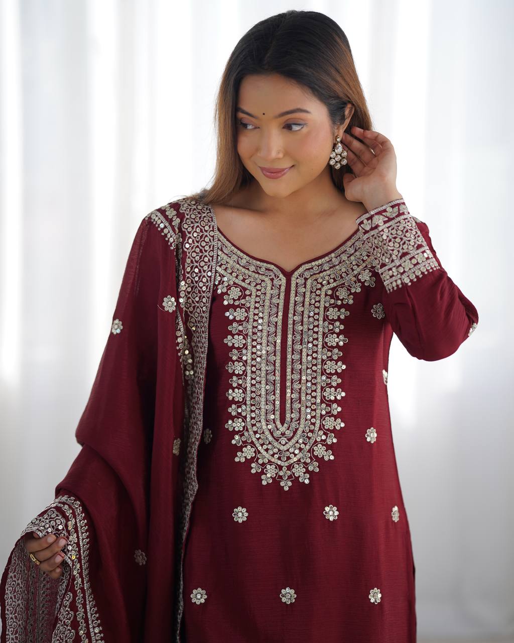 Teeya Creation Maroon Colour Chinon Silk Heavy Embroidery Work Fully Stitched Salwar Suit | Grocsy