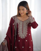 Teeya Creation Maroon Colour Chinon Silk Heavy Embroidery Work Fully Stitched Salwar Suit | Grocsy