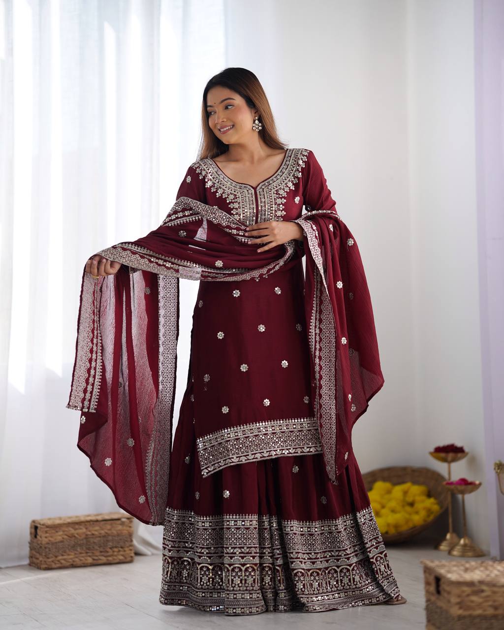 Teeya Creation Maroon Colour Chinon Silk Heavy Embroidery Work Fully Stitched Salwar Suit | Grocsy