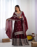 Teeya Creation Maroon Colour Chinon Silk Heavy Embroidery Work Fully Stitched Salwar Suit | Grocsy
