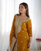 Teeya Creation Mustard Colour Chinon Silk Heavy Embroidery Work Fully Stitched Salwar Suit | Grocsy