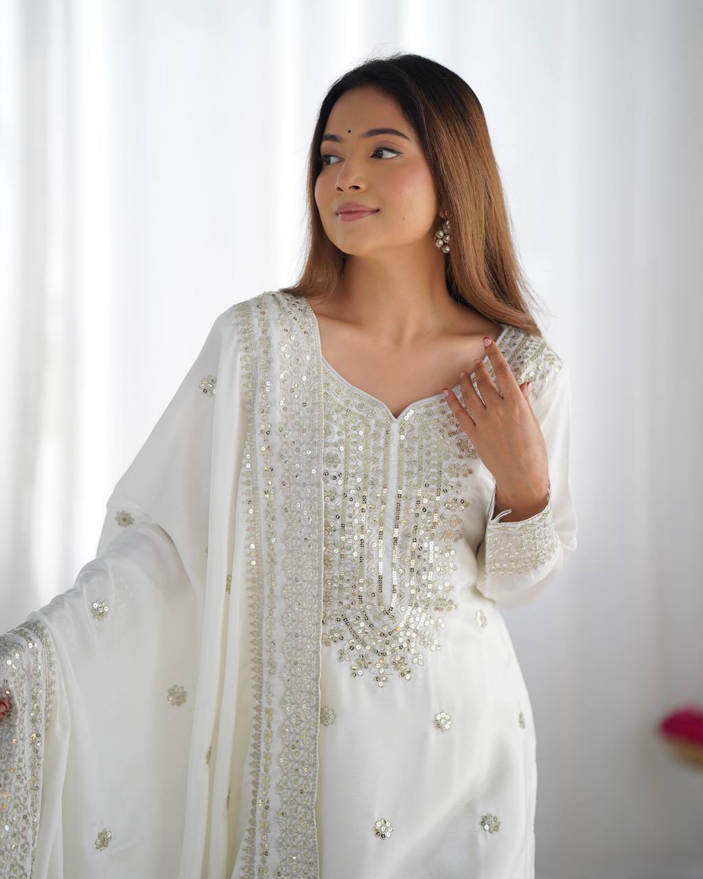 Teeya Creation White Colour Chinon Silk Heavy Embroidery Work Fully Stitched Salwar Suit | Grocsy