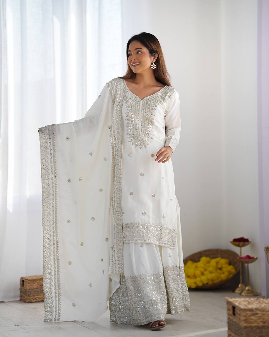 Teeya Creation White Colour Chinon Silk Heavy Embroidery Work Fully Stitched Salwar Suit | Grocsy