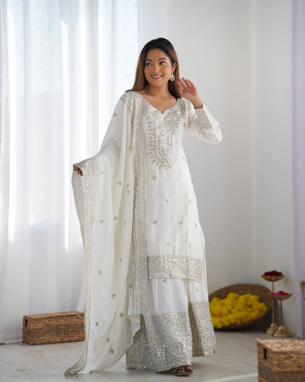 Teeya Creation White Colour Chinon Silk Heavy Embroidery Work Fully Stitched Salwar Suit | Grocsy
