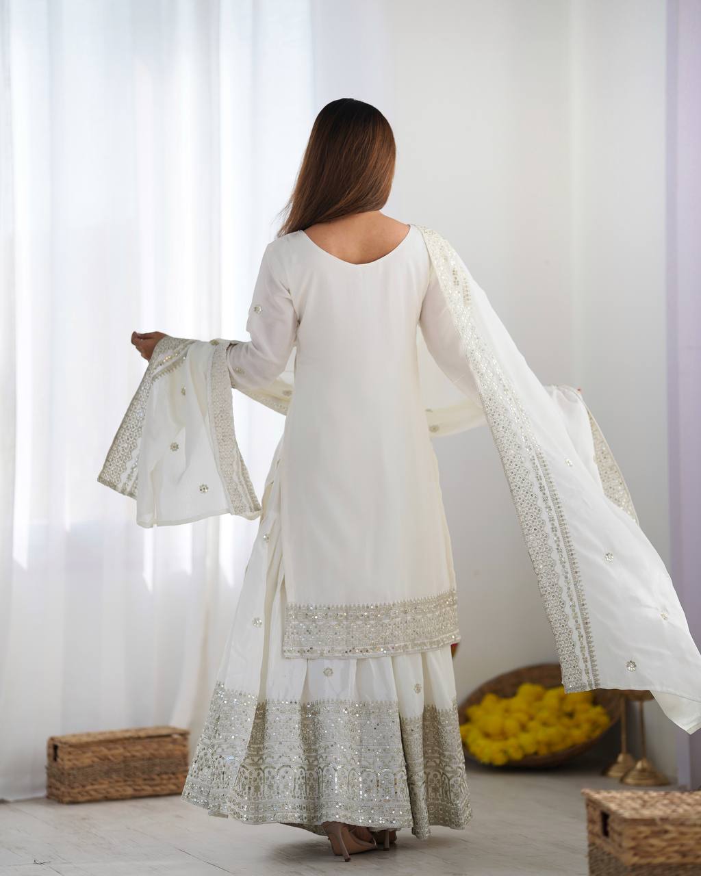 Teeya Creation White Colour Chinon Silk Heavy Embroidery Work Fully Stitched Salwar Suit | Grocsy
