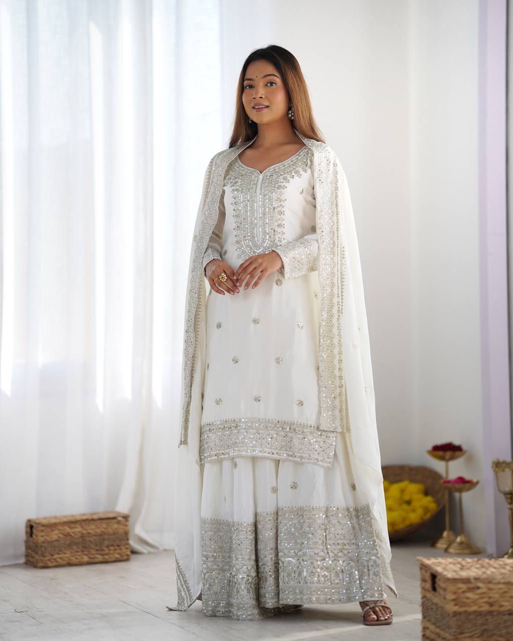 Teeya Creation White Colour Chinon Silk Heavy Embroidery Work Fully Stitched Salwar Suit | Grocsy