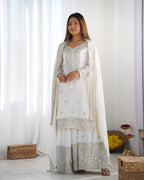 Teeya Creation White Colour Chinon Silk Heavy Embroidery Work Fully Stitched Salwar Suit | Grocsy