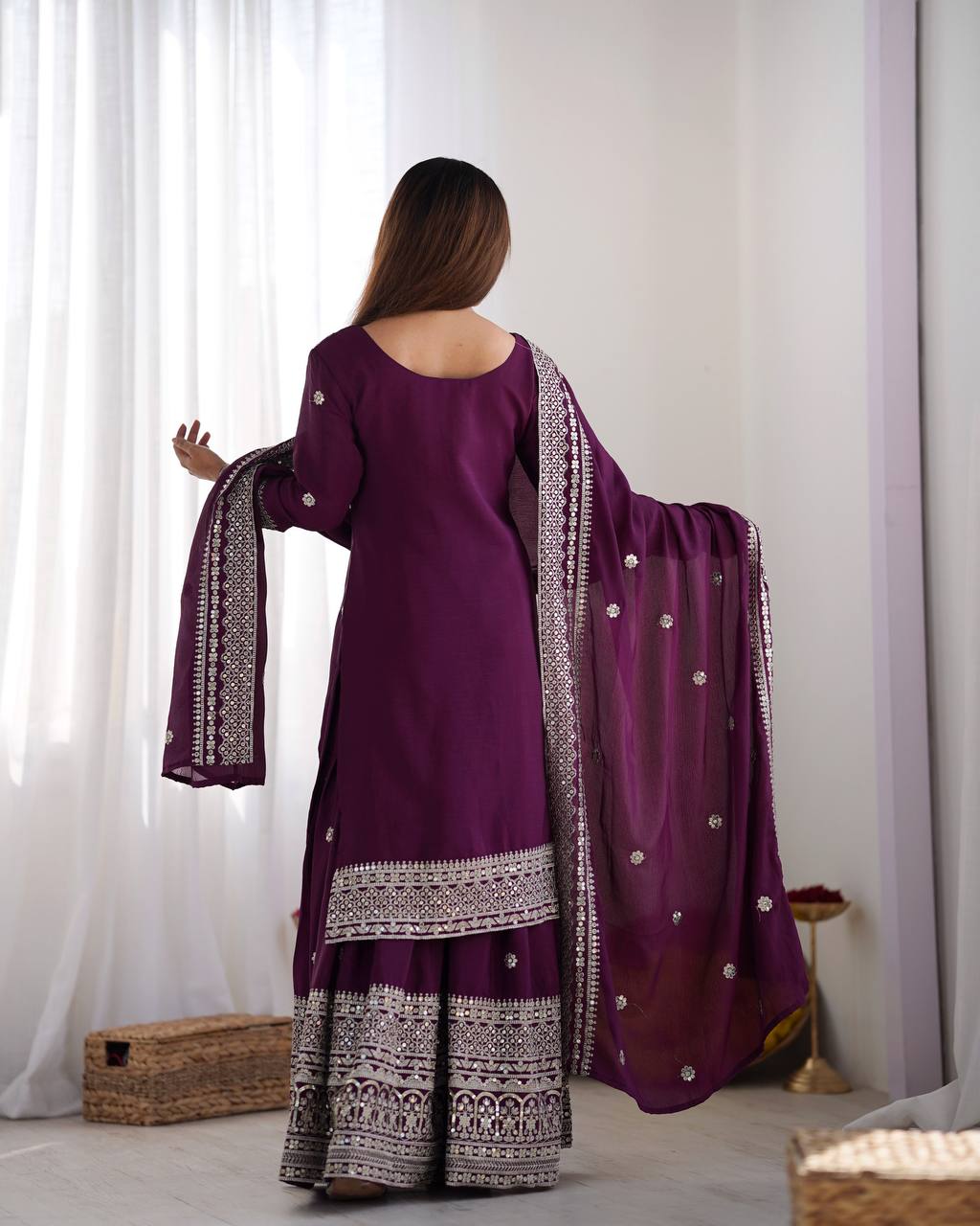 Teeya Creation Wine Colour Chinon Silk Heavy Embroidery Work Fully Stitched Salwar Suit | Grocsy