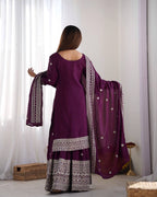 Teeya Creation Wine Colour Chinon Silk Heavy Embroidery Work Fully Stitched Salwar Suit | Grocsy