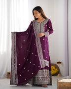 Teeya Creation Wine Colour Chinon Silk Heavy Embroidery Work Fully Stitched Salwar Suit | Grocsy