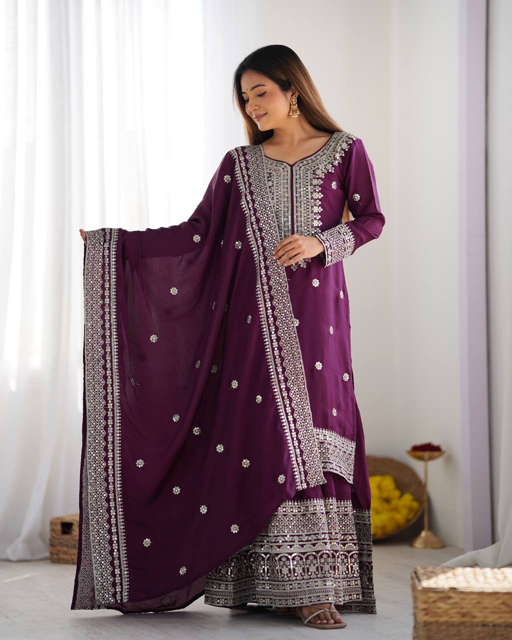 Teeya Creation Wine Colour Chinon Silk Heavy Embroidery Work Fully Stitched Salwar Suit | Grocsy