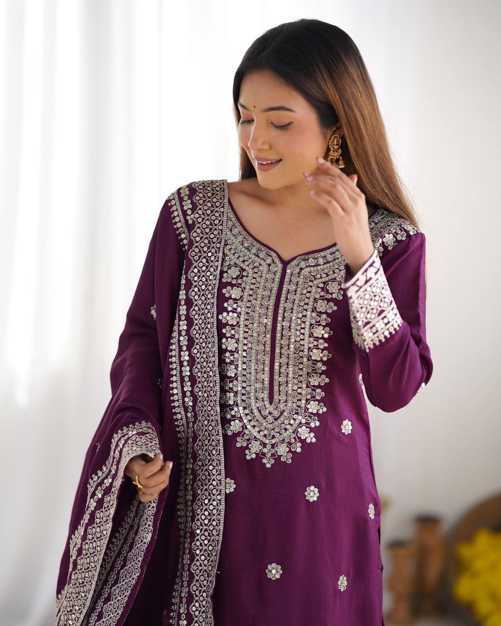 Teeya Creation Wine Colour Chinon Silk Heavy Embroidery Work Fully Stitched Salwar Suit | Grocsy