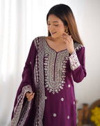 Teeya Creation Wine Colour Chinon Silk Heavy Embroidery Work Fully Stitched Salwar Suit | Grocsy