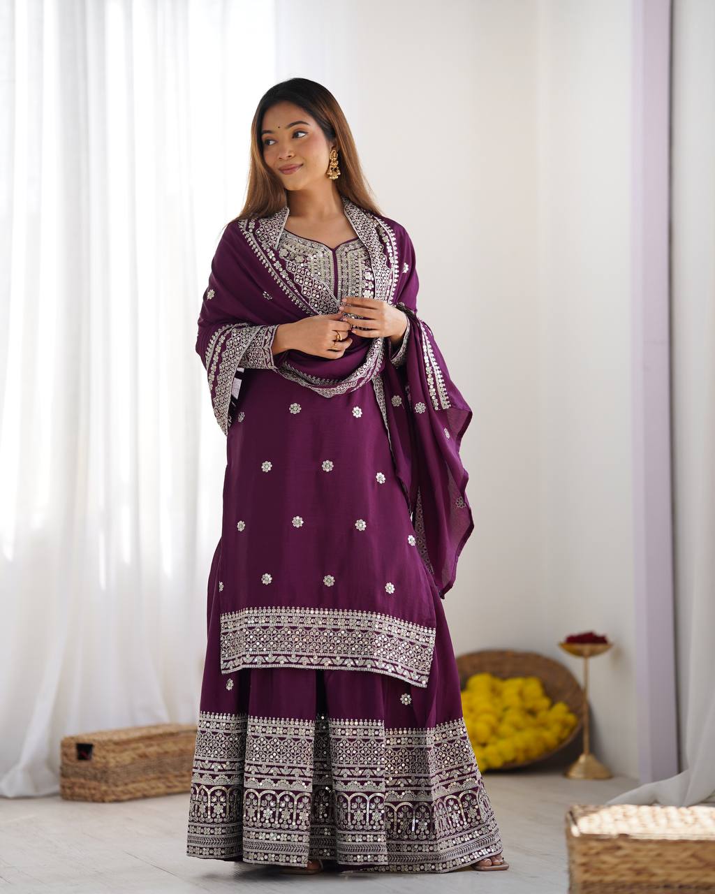 Teeya Creation Wine Colour Chinon Silk Heavy Embroidery Work Fully Stitched Salwar Suit | Grocsy