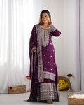 Teeya Creation Wine Colour Chinon Silk Heavy Embroidery Work Fully Stitched Salwar Suit | Grocsy