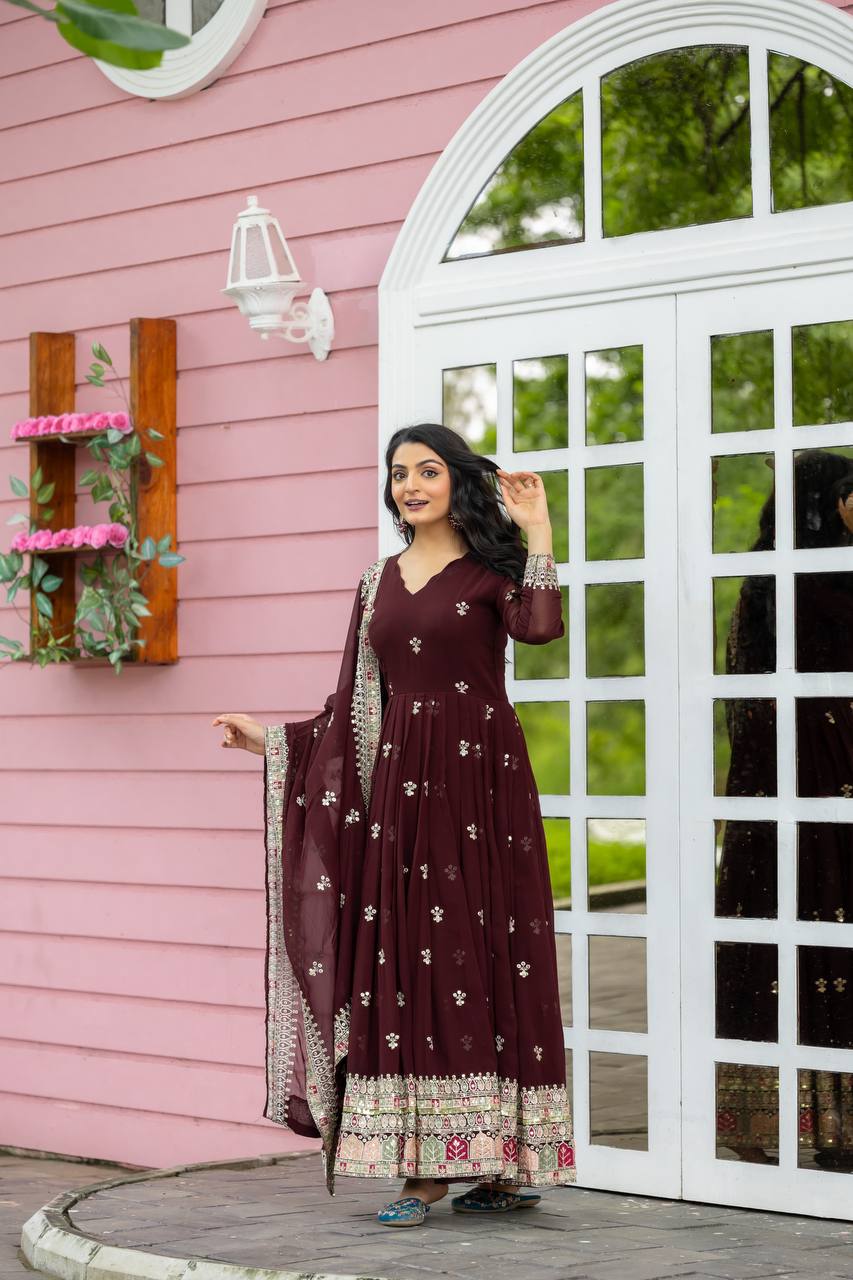Teeya Creation Maroon Colour Faux Georgette Heavy Embroidery Work Fully Stitched Gown | Grocsy