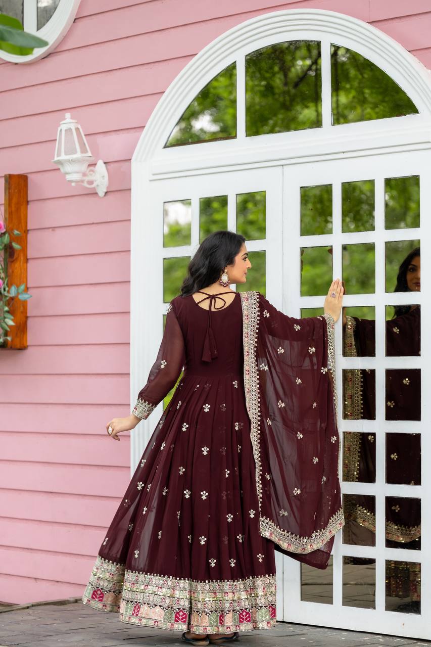 Teeya Creation Maroon Colour Faux Georgette Heavy Embroidery Work Fully Stitched Gown | Grocsy