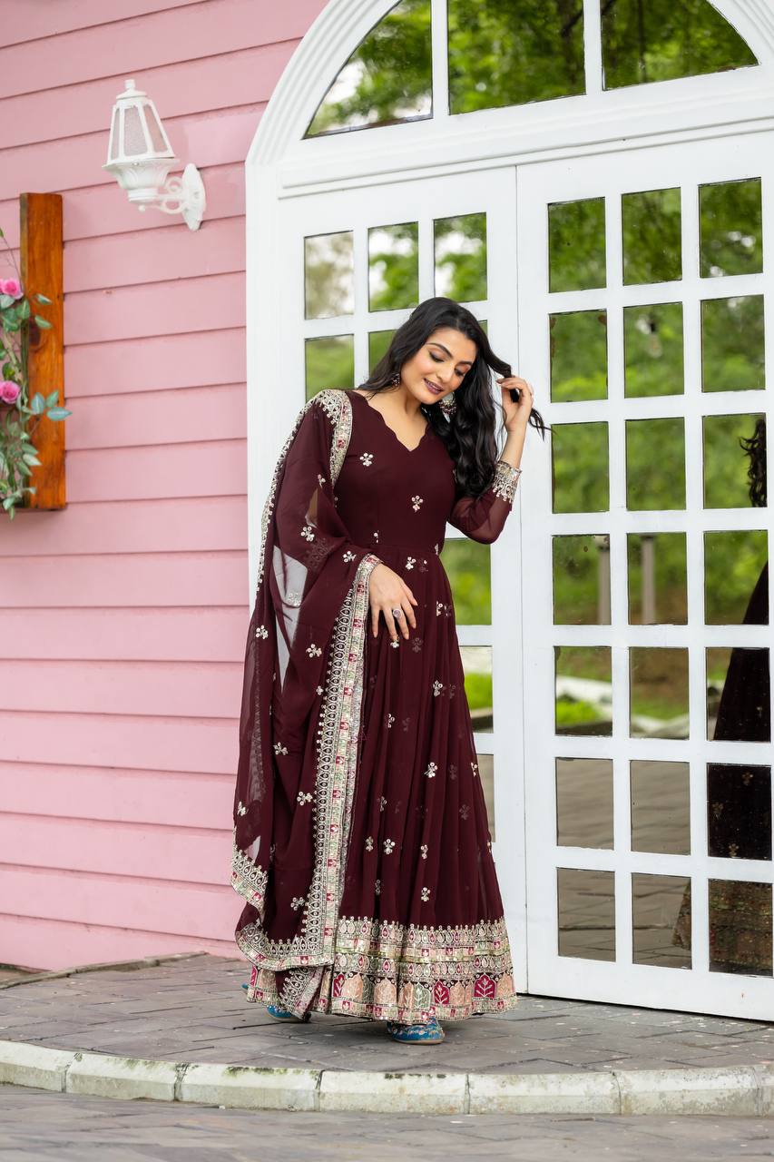 Teeya Creation Maroon Colour Faux Georgette Heavy Embroidery Work Fully Stitched Gown | Grocsy