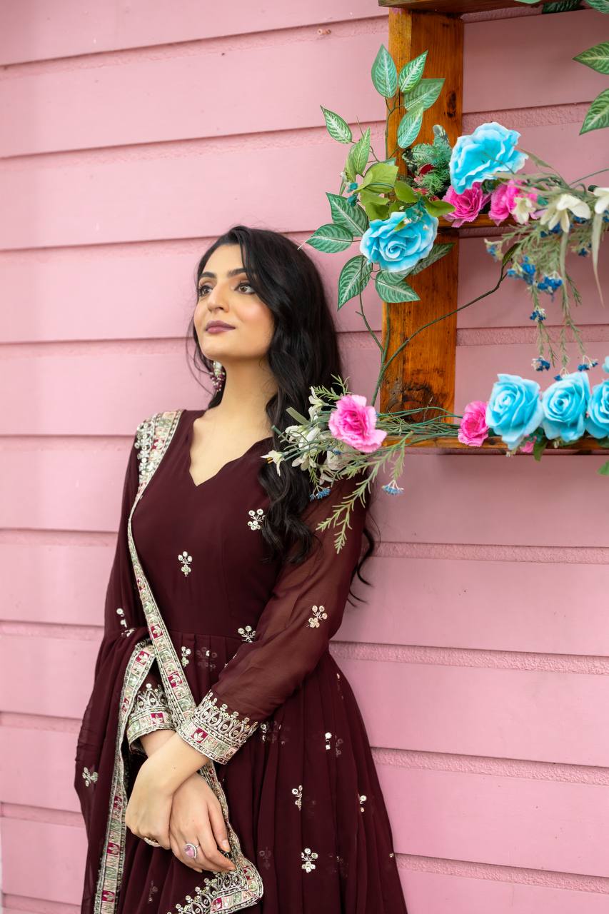 Teeya Creation Maroon Colour Faux Georgette Heavy Embroidery Work Fully Stitched Gown | Grocsy