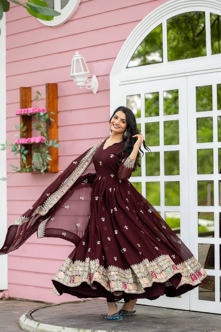 Teeya Creation Maroon Colour Faux Georgette Heavy Embroidery Work Fully Stitched Gown | Grocsy