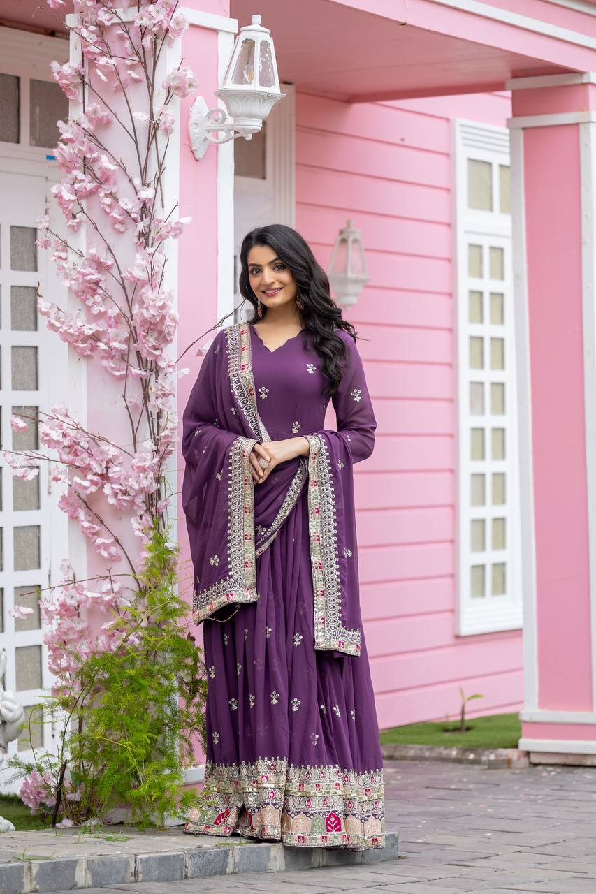 Teeya Creation Purple Colour Faux Georgette Heavy Embroidery Work Fully Stitched Gown | Grocsy