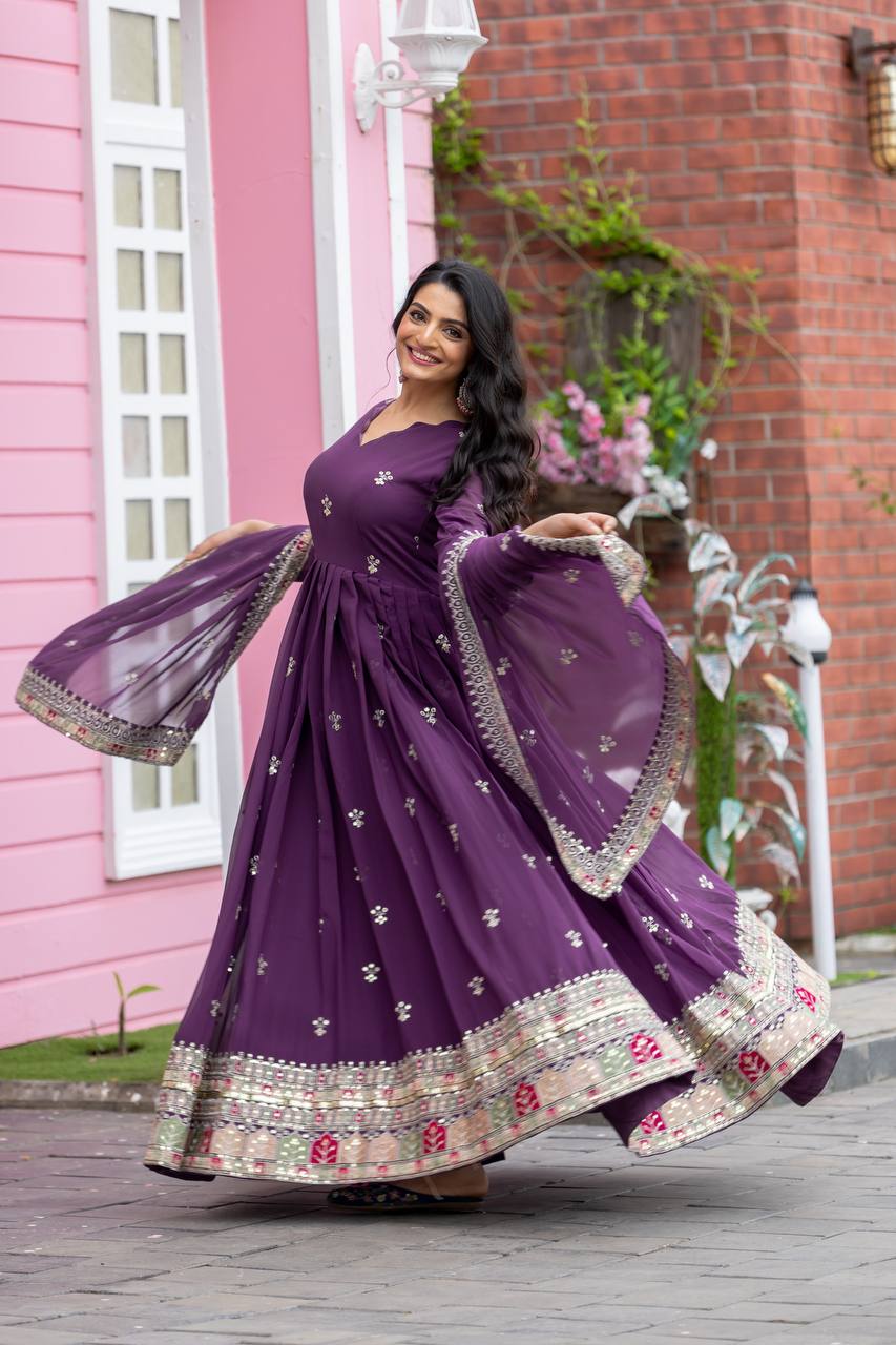 Teeya Creation Purple Colour Faux Georgette Heavy Embroidery Work Fully Stitched Gown | Grocsy
