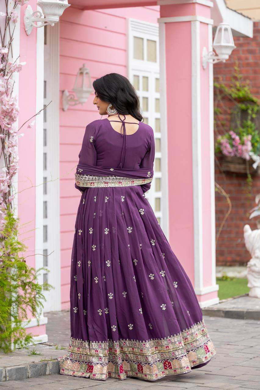Teeya Creation Purple Colour Faux Georgette Heavy Embroidery Work Fully Stitched Gown | Grocsy