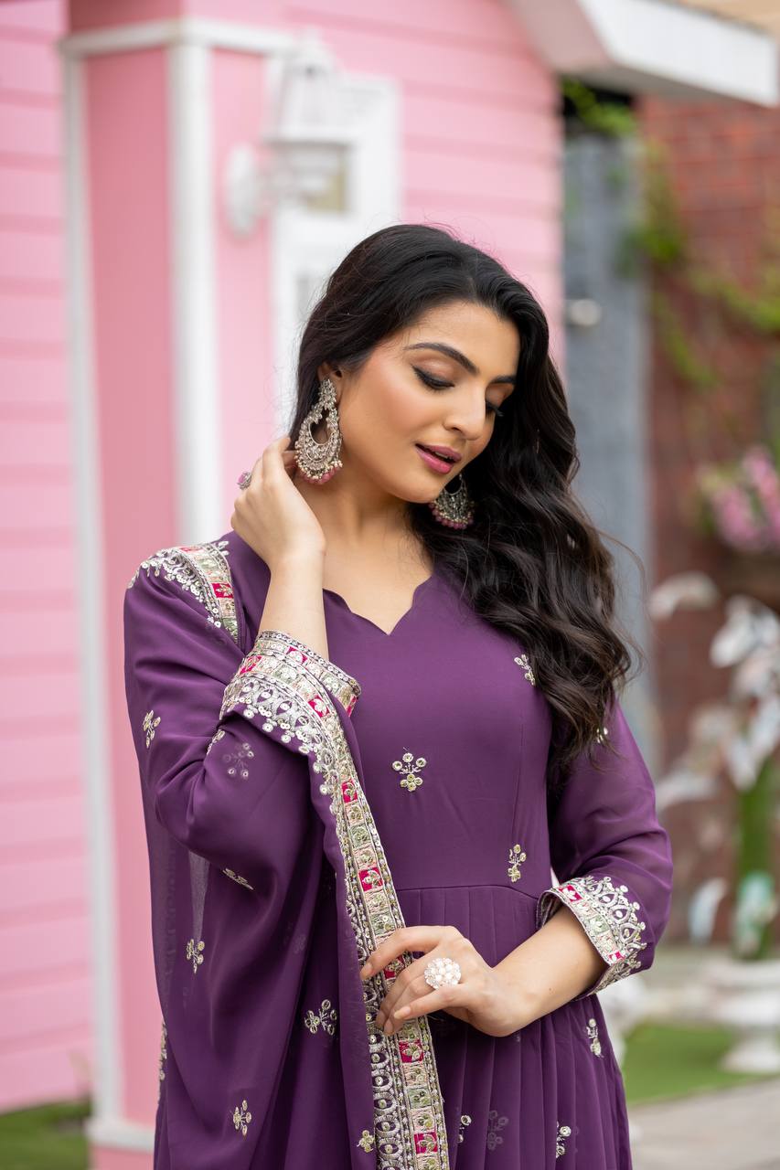 Teeya Creation Purple Colour Faux Georgette Heavy Embroidery Work Fully Stitched Gown | Grocsy