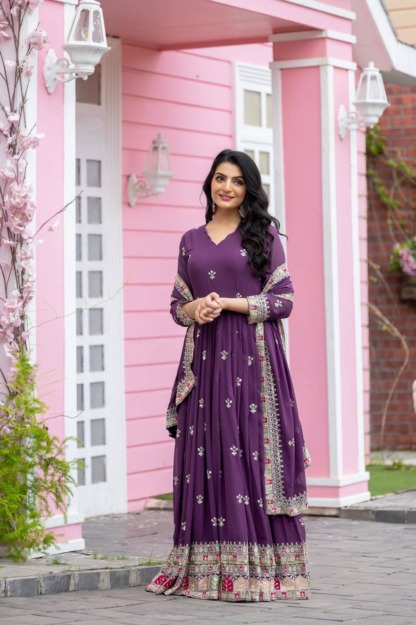 Teeya Creation Purple Colour Faux Georgette Heavy Embroidery Work Fully Stitched Gown | Grocsy