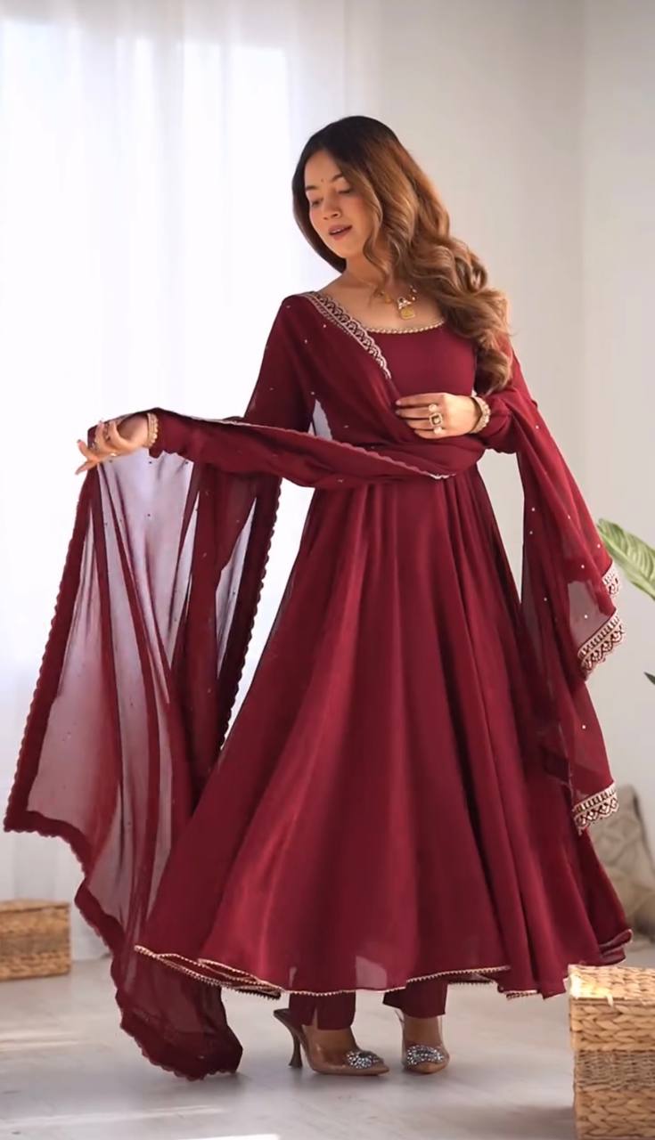 Teeya Creation Maroon Color Georgette Fabric Beautiful Fully Stitched Gown | Grocsy