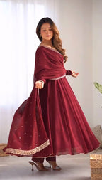 Teeya Creation Maroon Color Georgette Fabric Beautiful Fully Stitched Gown | Grocsy