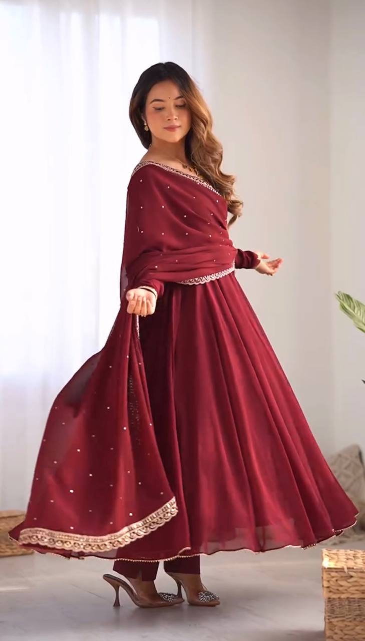 Teeya Creation Maroon Color Georgette Fabric Beautiful Fully Stitched Gown | Grocsy