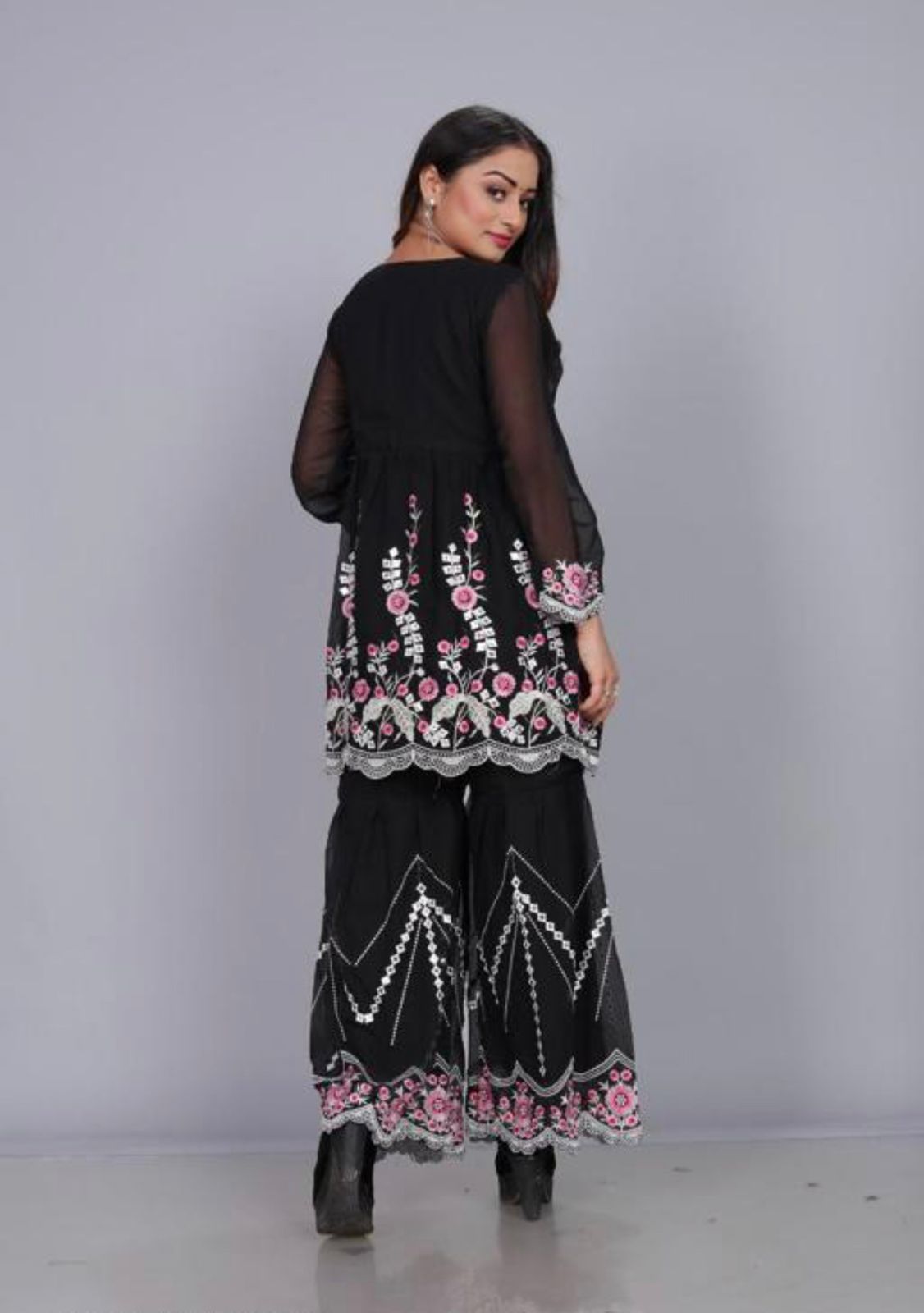 Teeya Creation Black Color Georgette Fabric Heavy Embroidery And Real Mirror Work Fully Stitched Salwar Suit | Grocsy