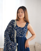 Teeya Creation Blue Color Faux Georgette Heavy Work 12 Meter Flared Fully Stitched Gown | Grocsy