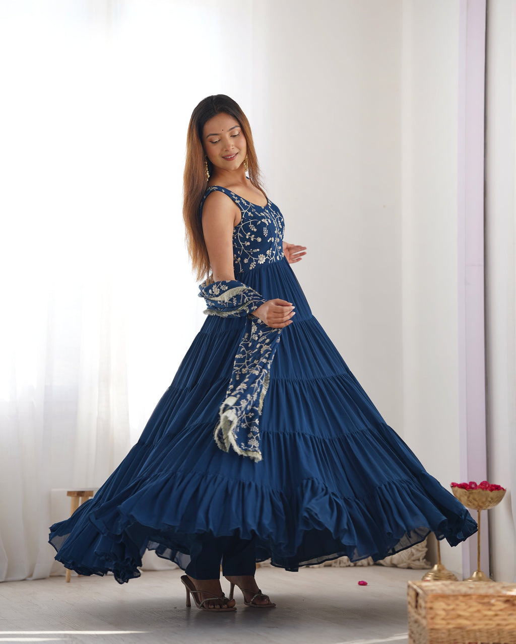 Teeya Creation Blue Color Faux Georgette Heavy Work 12 Meter Flared Fully Stitched Gown | Grocsy