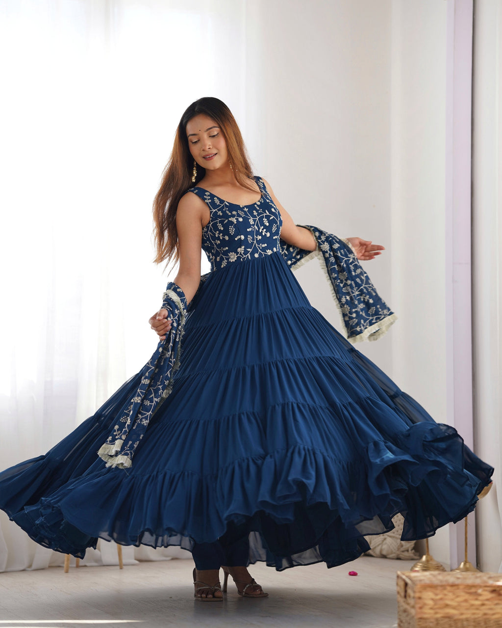 Teeya Creation Blue Color Faux Georgette Heavy Work 12 Meter Flared Fully Stitched Gown | Grocsy