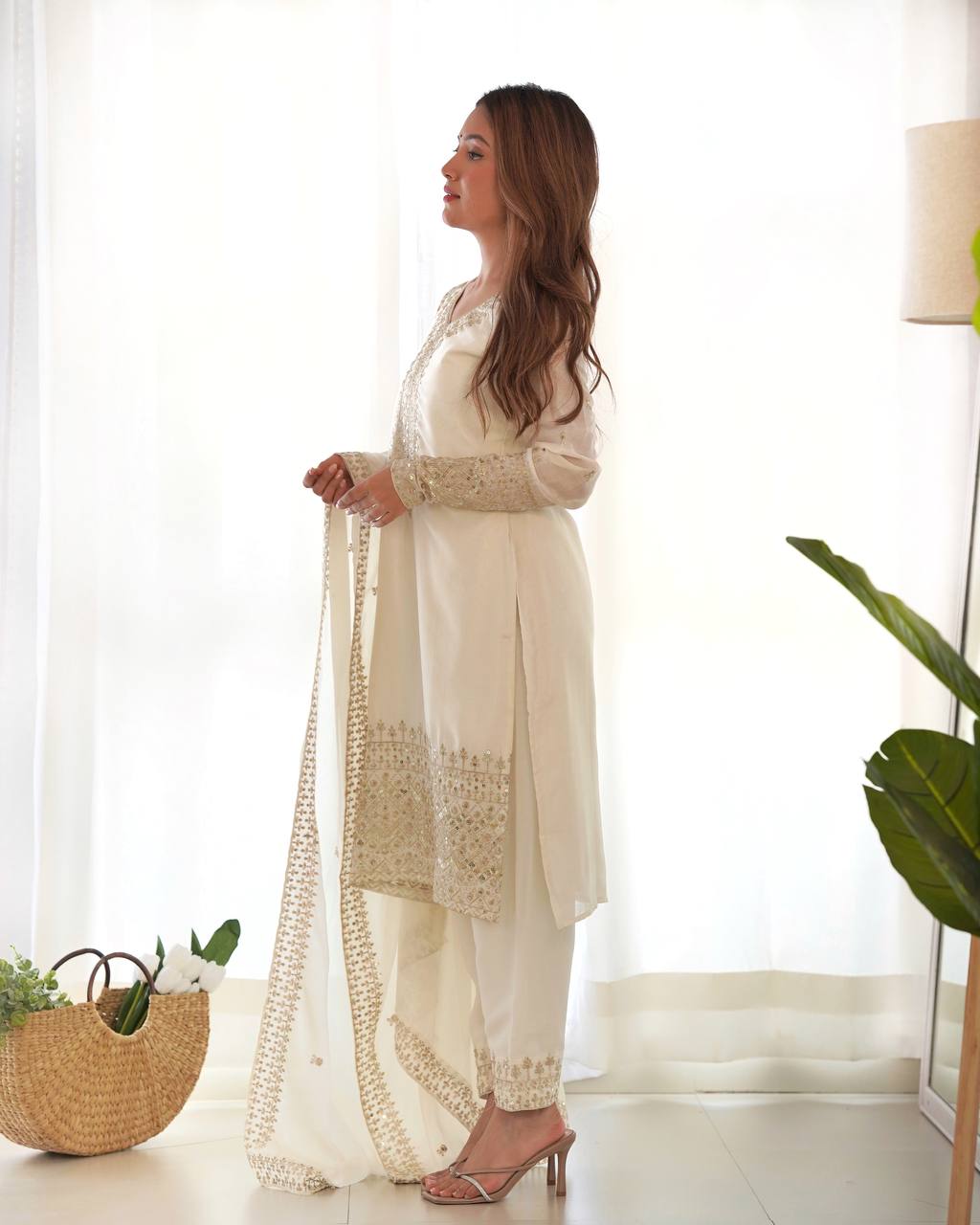 Teeya Creation White Color Chinon Silk Embroidery Work Fully Stitched pakistani Suit | Grocsy