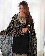 Teeya Creation Black Color Vichitra Silk Heavy Embroidery Work Fully Stitched pakistani Suit | Grocsy
