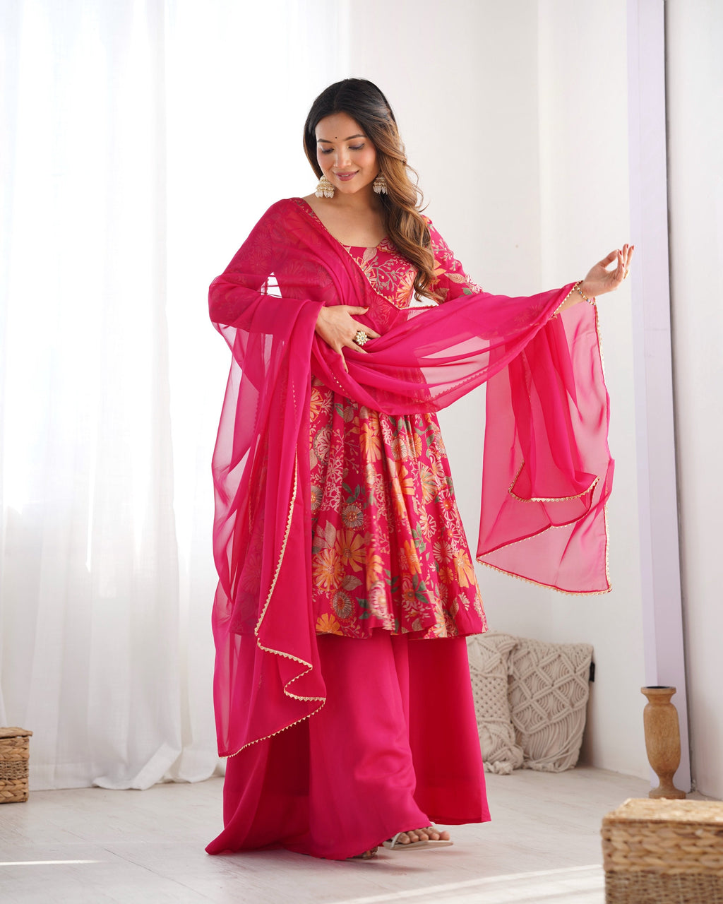 Teeya Creation Pink Color Roman Silk Kediya Style Fully Stitched Printed Kediya | Grocsy